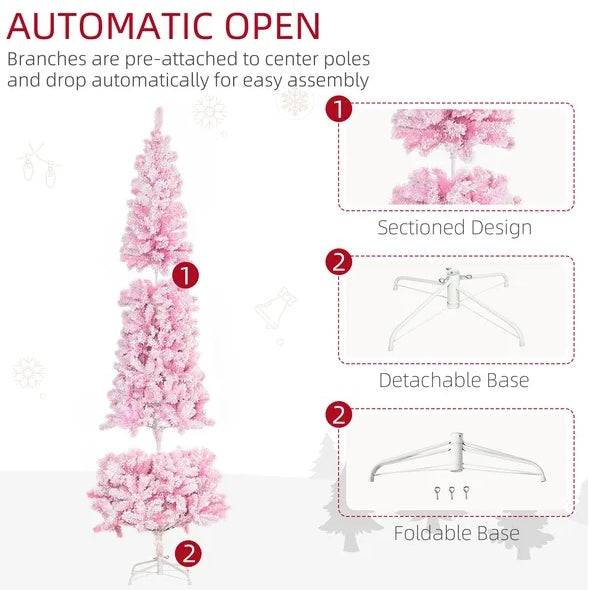 7.5' Tall Unlit Snow Flocked Artificial Christmas Tree Slim Pencil Xmas Tree With Pine Shape And Realistic Branches, Pink