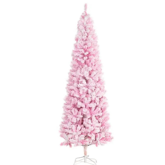 7.5' Tall Unlit Snow Flocked Artificial Christmas Tree Slim Pencil Xmas Tree With Pine Shape And Realistic Branches, Pink