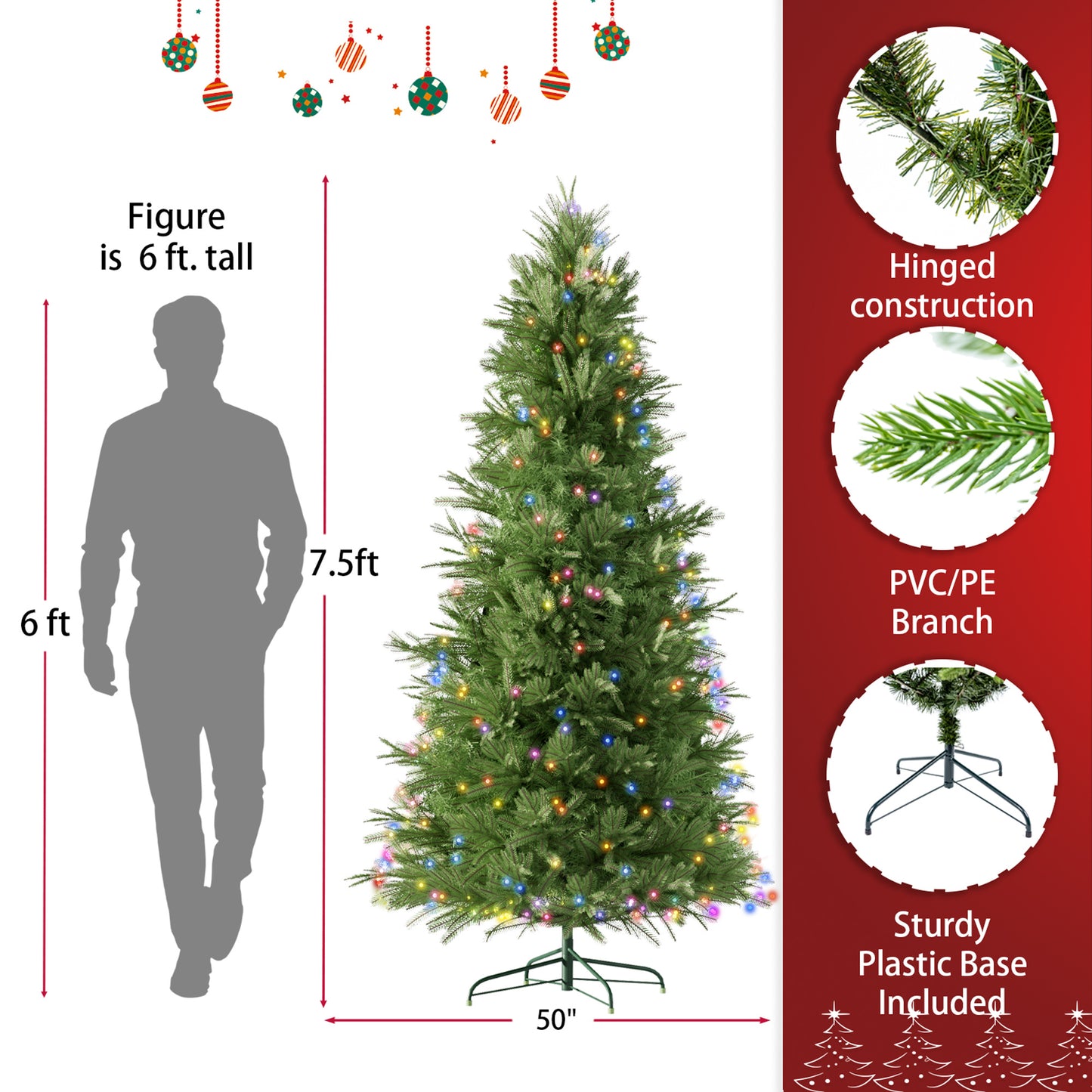 7.5 Feet Artificial Christmas Tree With Metal Stand, 550 Multi-color LED Lights, 2286 Branch Tips Green, Easy To Assemble For The Home 50 X 50 X 90 Inches