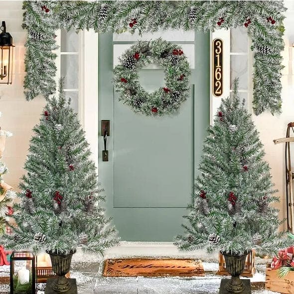 Pre-lit Xmas Tree Artificial Christmas 4-Piece Set,Garland, Wreath And Set Of 2 Entrance Trees X-mas