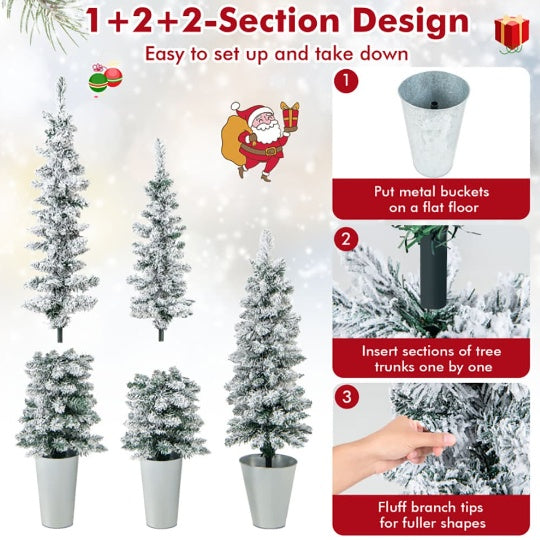 3 Pcs Set Potted Artificial Christmas Tree Snow Flocked Slim Pencil Christmas Tree