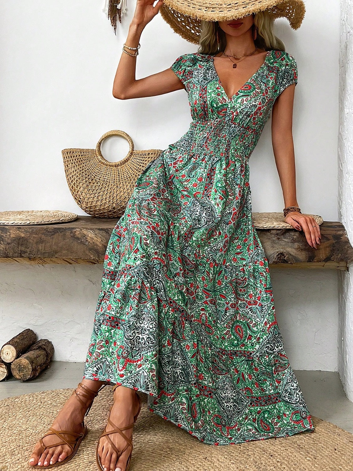 Honey Smocked Printed Cap Sleeve Midi Dress