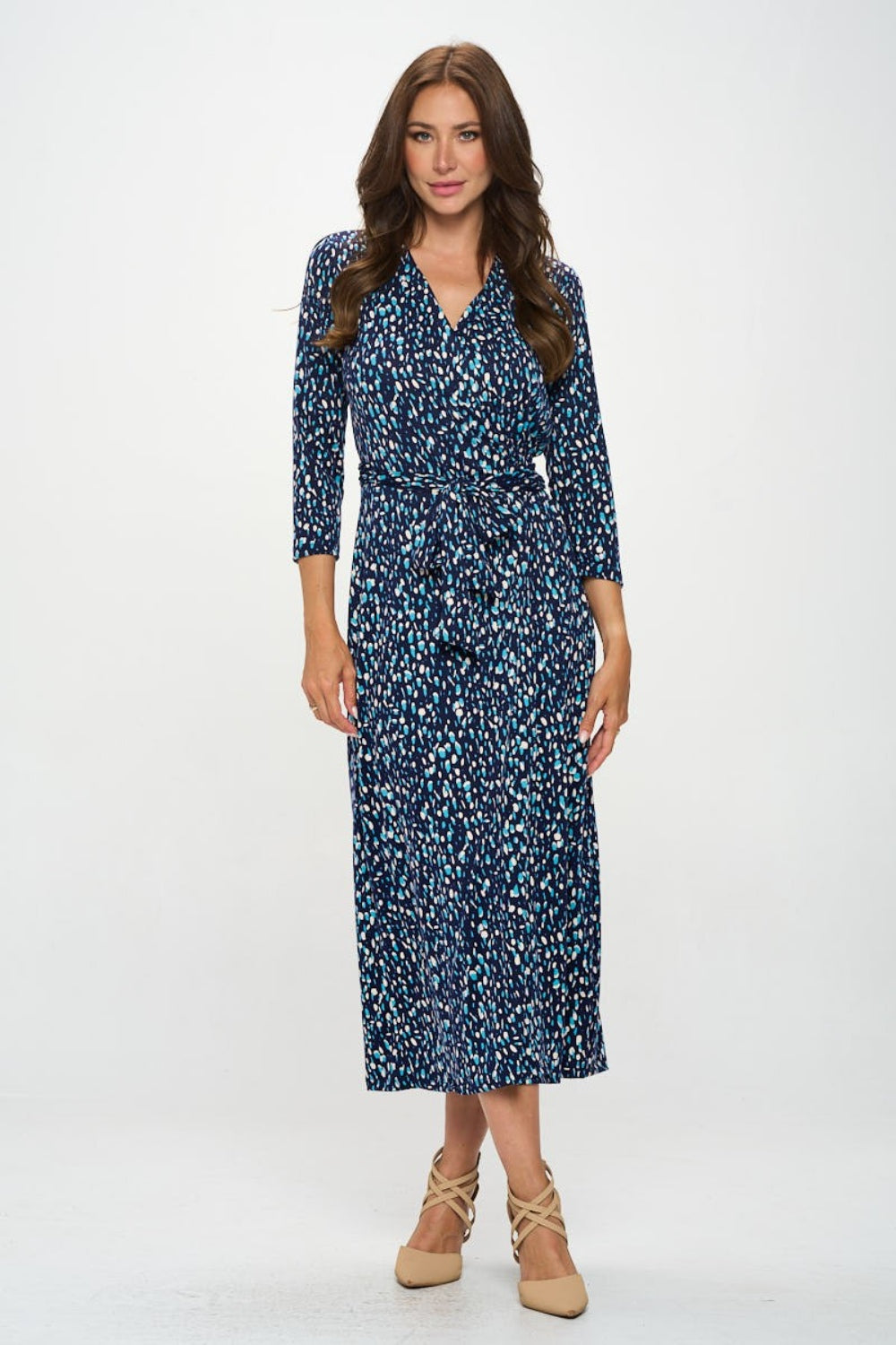 RENEE C Printed Tie Front Surplice Midi Dress