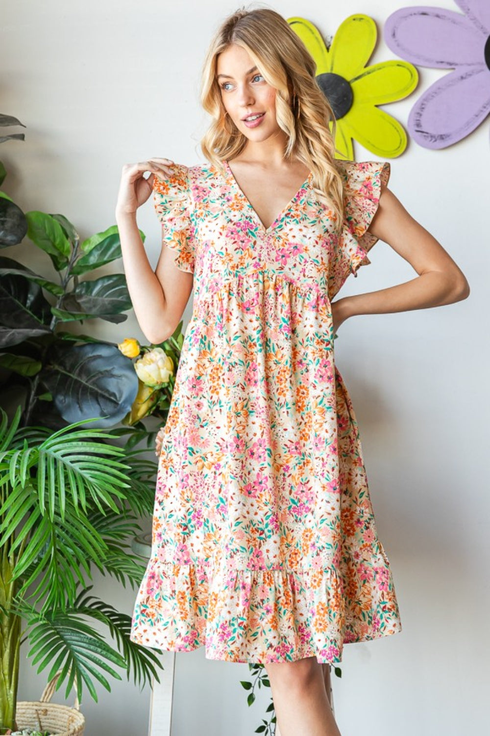 Heimish Full Size Floral Ruffled V-Neck Dress