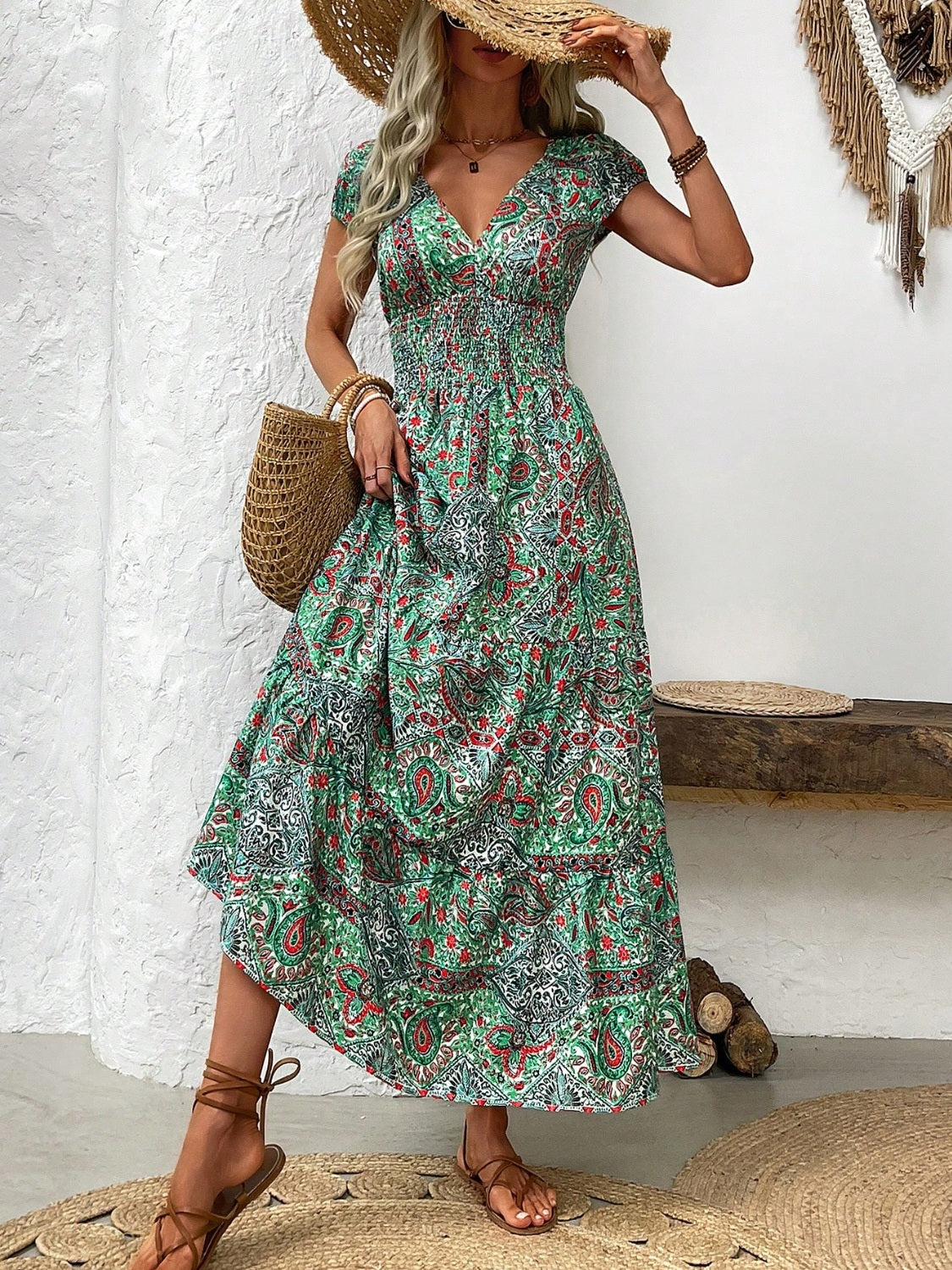 Honey Smocked Printed Cap Sleeve Midi Dress