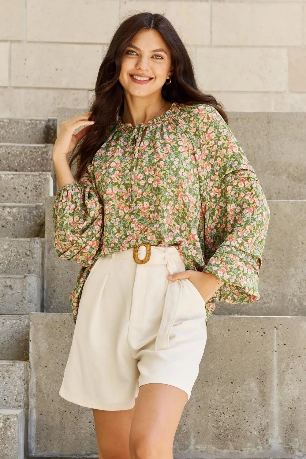 HEYSON She's Blossoming Full Size Balloon Sleeve Floral Blouse - Sweet Wildflower Boutique