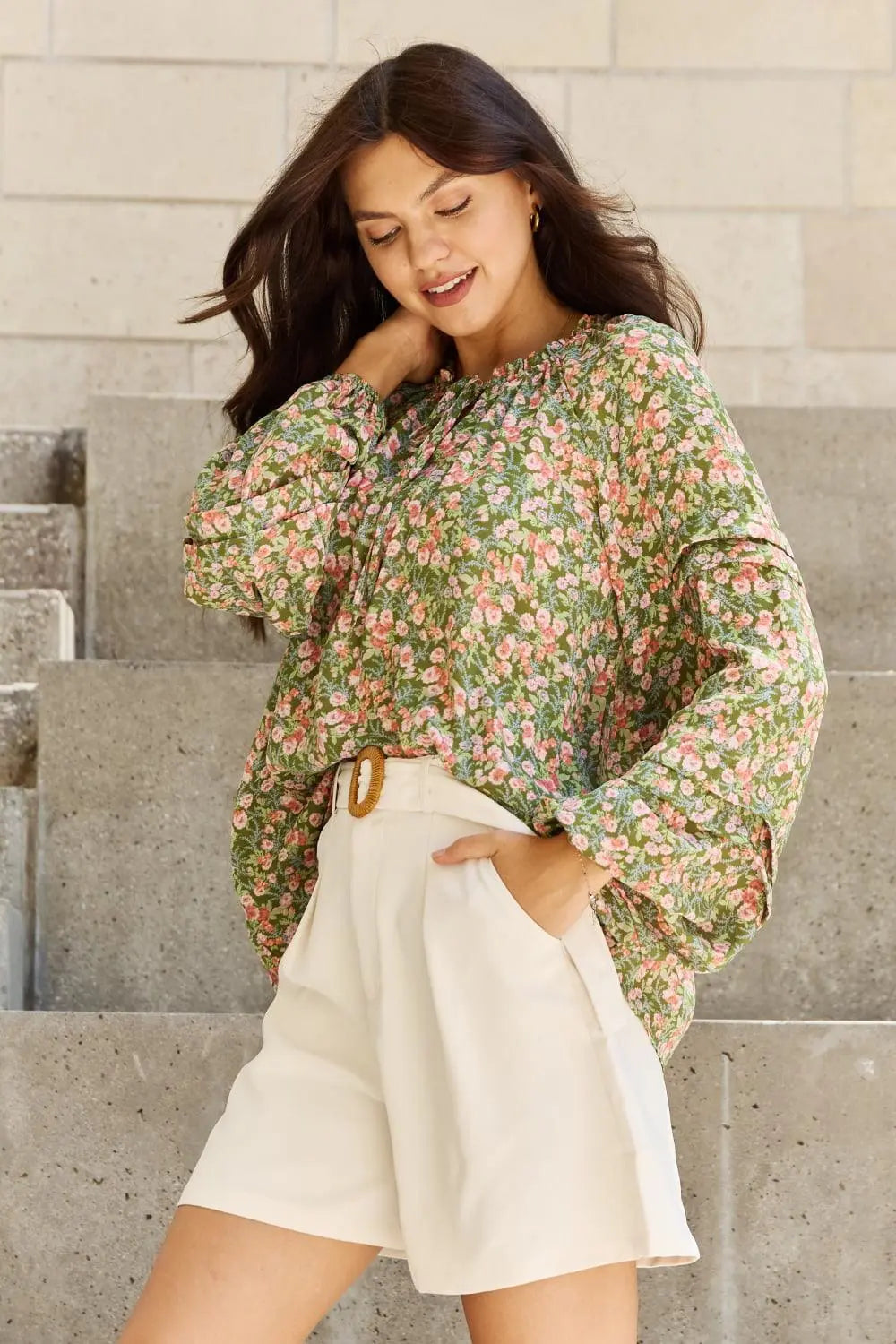 HEYSON She's Blossoming Full Size Balloon Sleeve Floral Blouse - Sweet Wildflower Boutique