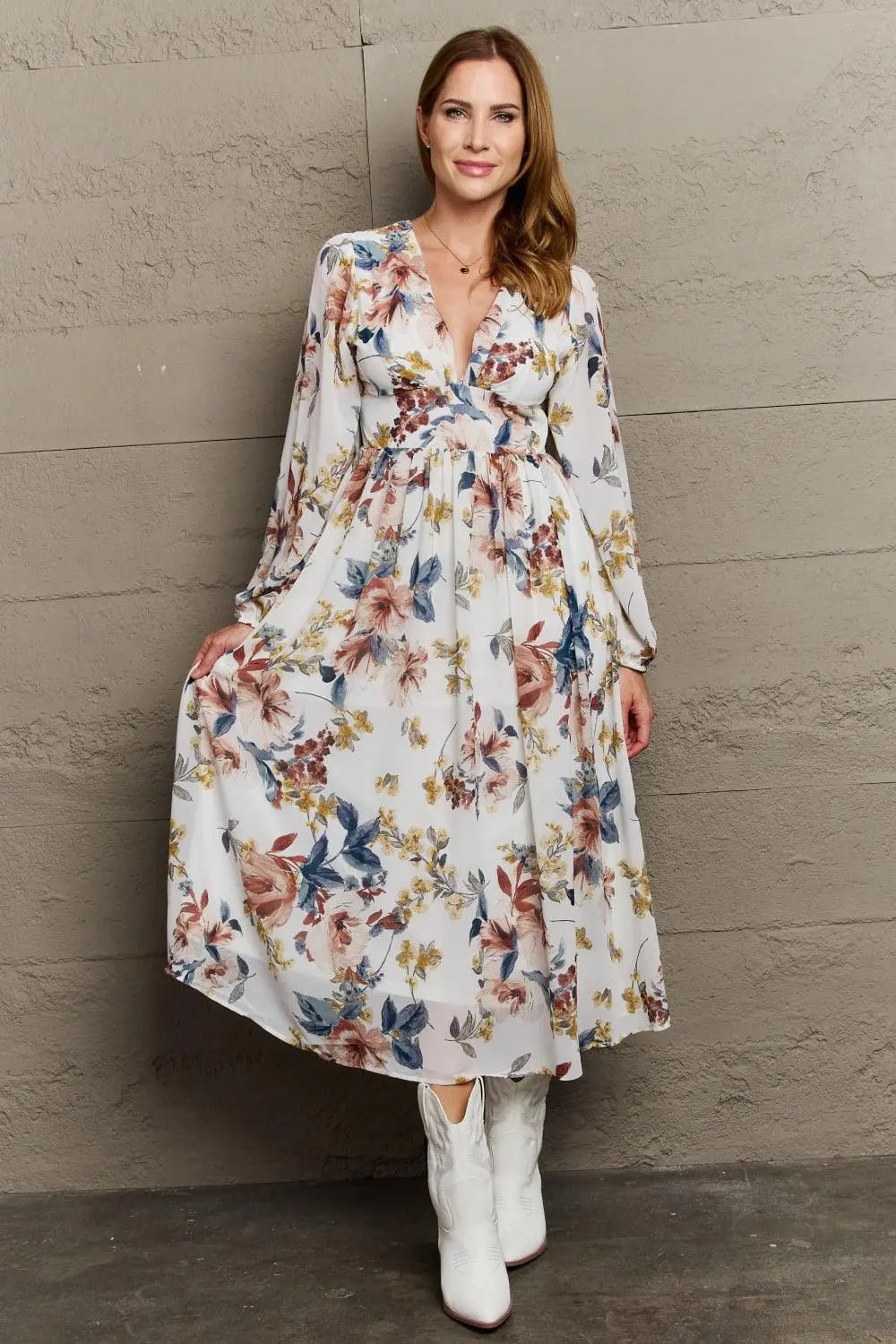 OneTheLand Good Day Chiffon Floral Midi Dress - Sweet Wildflower Boutique