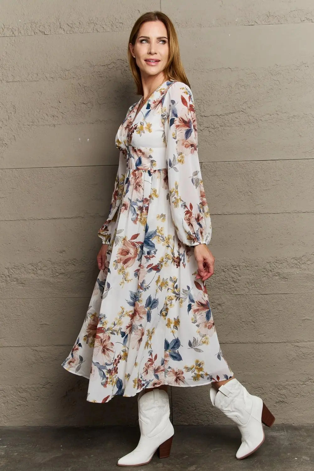 OneTheLand Good Day Chiffon Floral Midi Dress - Sweet Wildflower Boutique