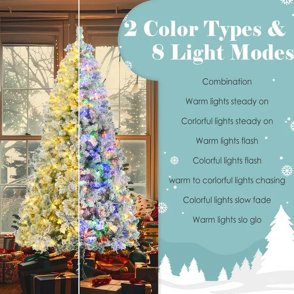 6FT Snow Flocked Christmas Tree  Pre Lit Set With Tree   Garland  Wreath,Artificial Hinged Xmas Tree With Colorful LED Lights8 Lighting Modes, Pine Cones