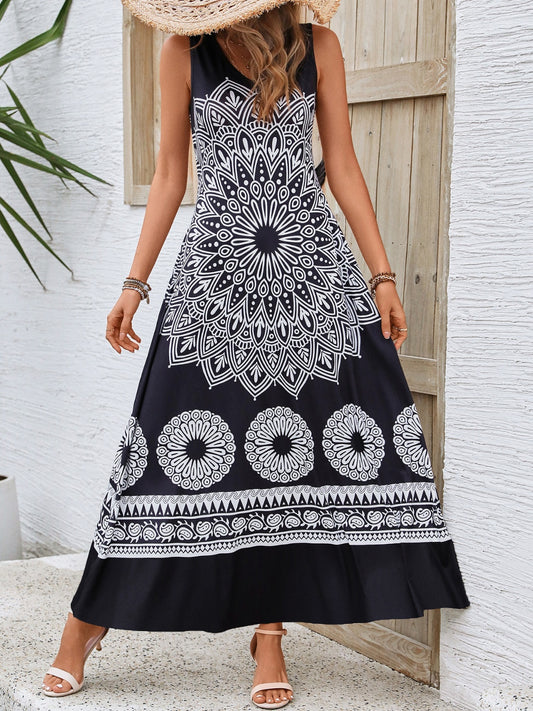 Honey Printed Round Neck Sleeveless Dress