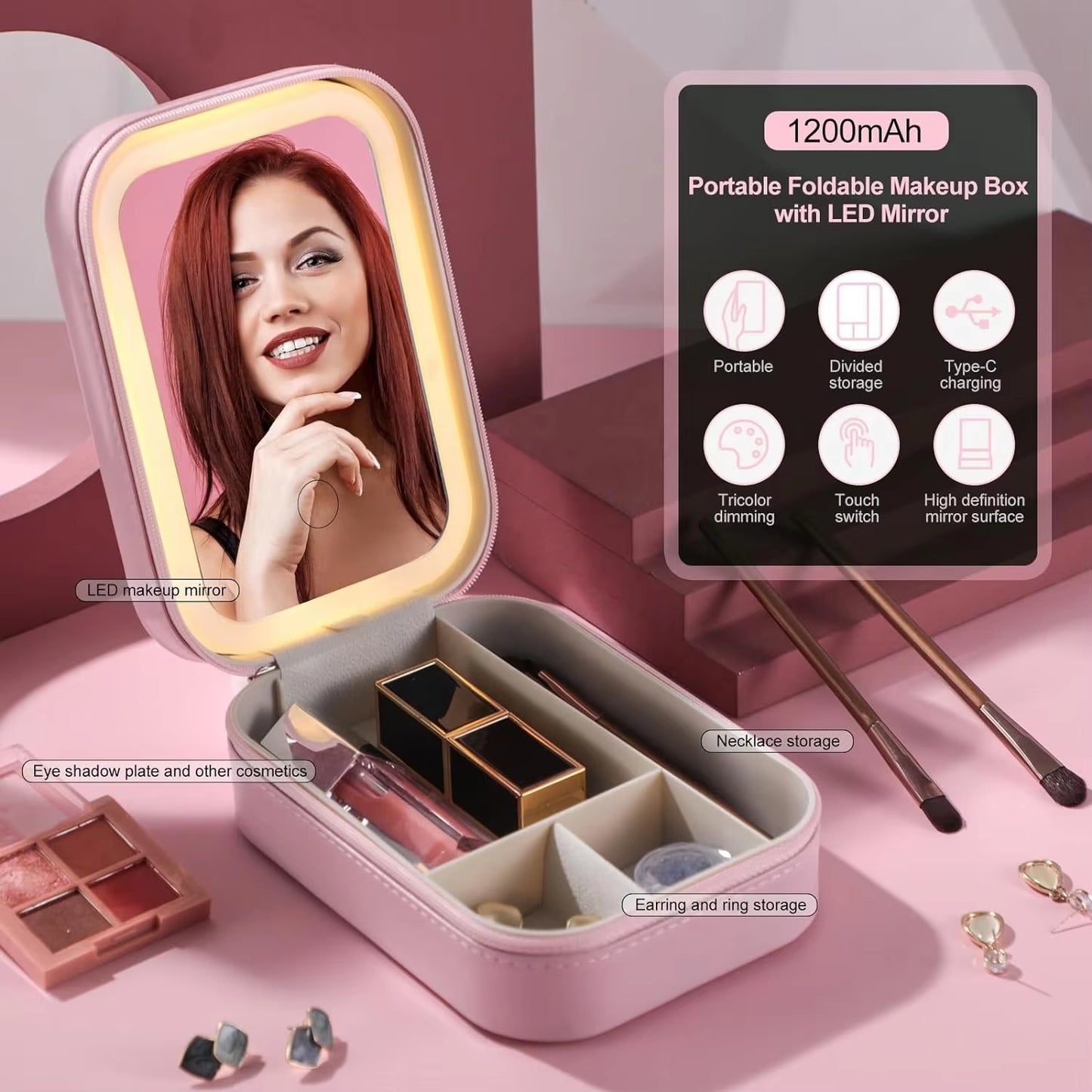 Makeup Brushes With Case Set Portable LED Mirror Makeup Jewelry Storage Case Travel Makeup Tool Kits