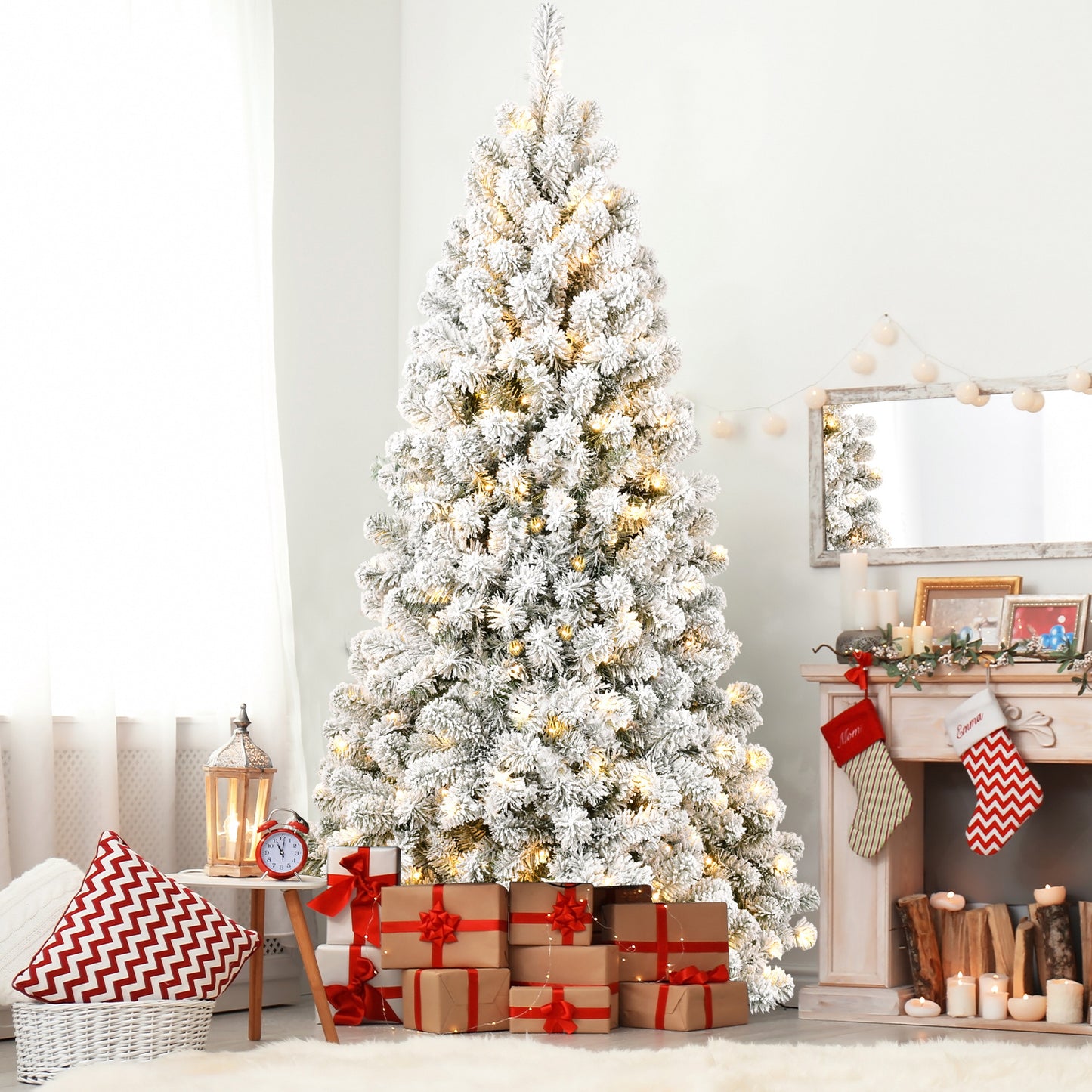 The 6-foot Pre-installed Flocked Christmas Tree Comes With 760 Memory Line Tips  -And Is Lit By 300 Warm Incandescent Lights