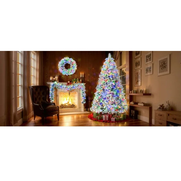 6FT Snow Flocked Christmas Tree  Pre Lit Set With Tree   Garland  Wreath,Artificial Hinged Xmas Tree With Colorful LED Lights8 Lighting Modes, Pine Cones