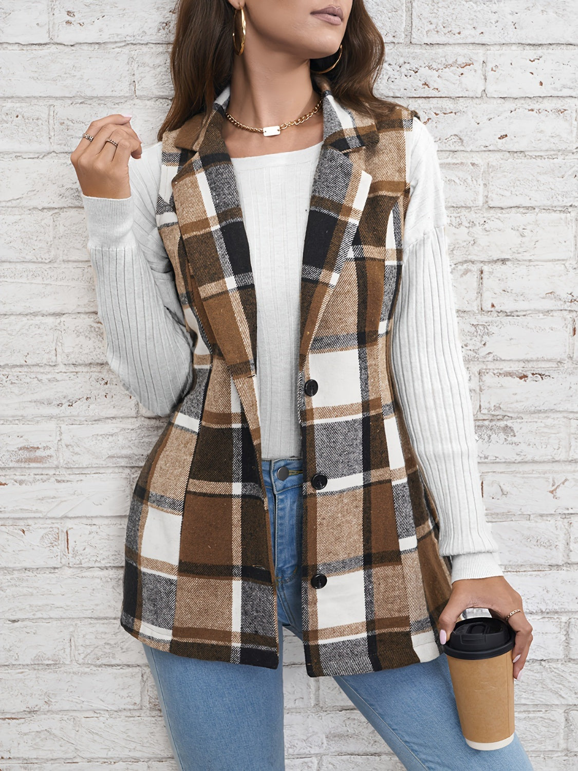 Plaid Button Down Vest Coat