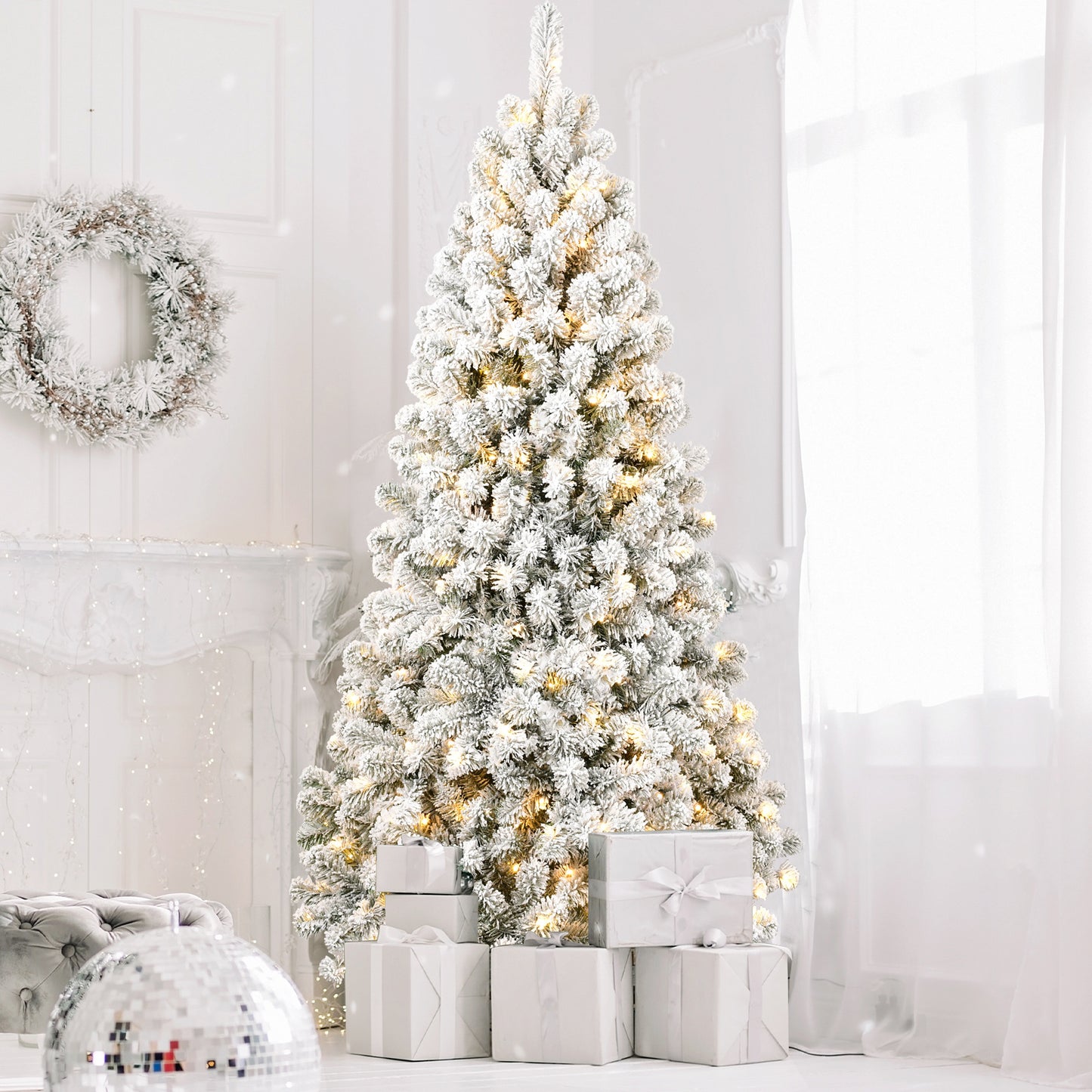 The 6-foot Pre-installed Flocked Christmas Tree Comes With 760 Memory Line Tips  -And Is Lit By 300 Warm Incandescent Lights