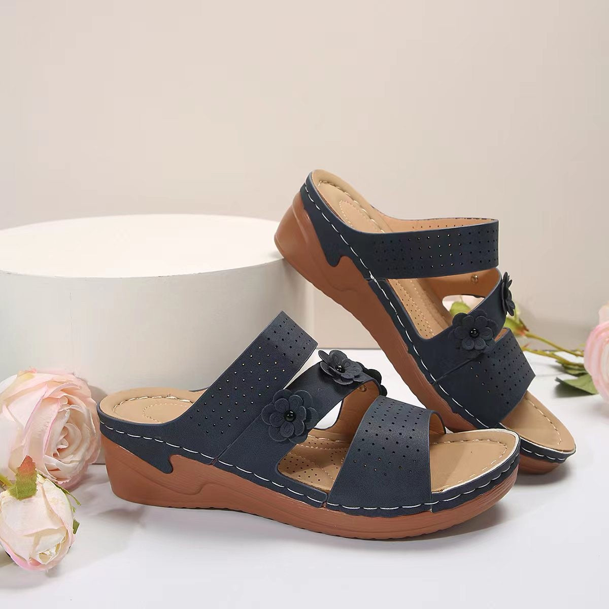 Flower PU Leather Wedge Sandals