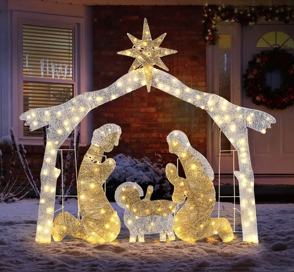 6ft Silver Roof 190LED Lights Nativity Scene Garden Jesus Decoration