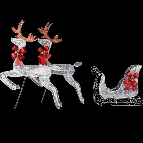 3-Piece Lighted Set Of 2 Reindeer & Sleigh, Weather Proof Christmas Outdoor Decorations With Pre-lit 270 LED White Lights And Stakes For Xmas Outdoor Holiday Indoor Decor Lighted Holiday Displays, Whi