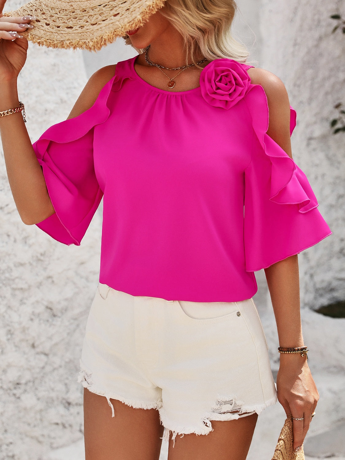 Honey Ruffled Round Neck Half Sleeve Blouse