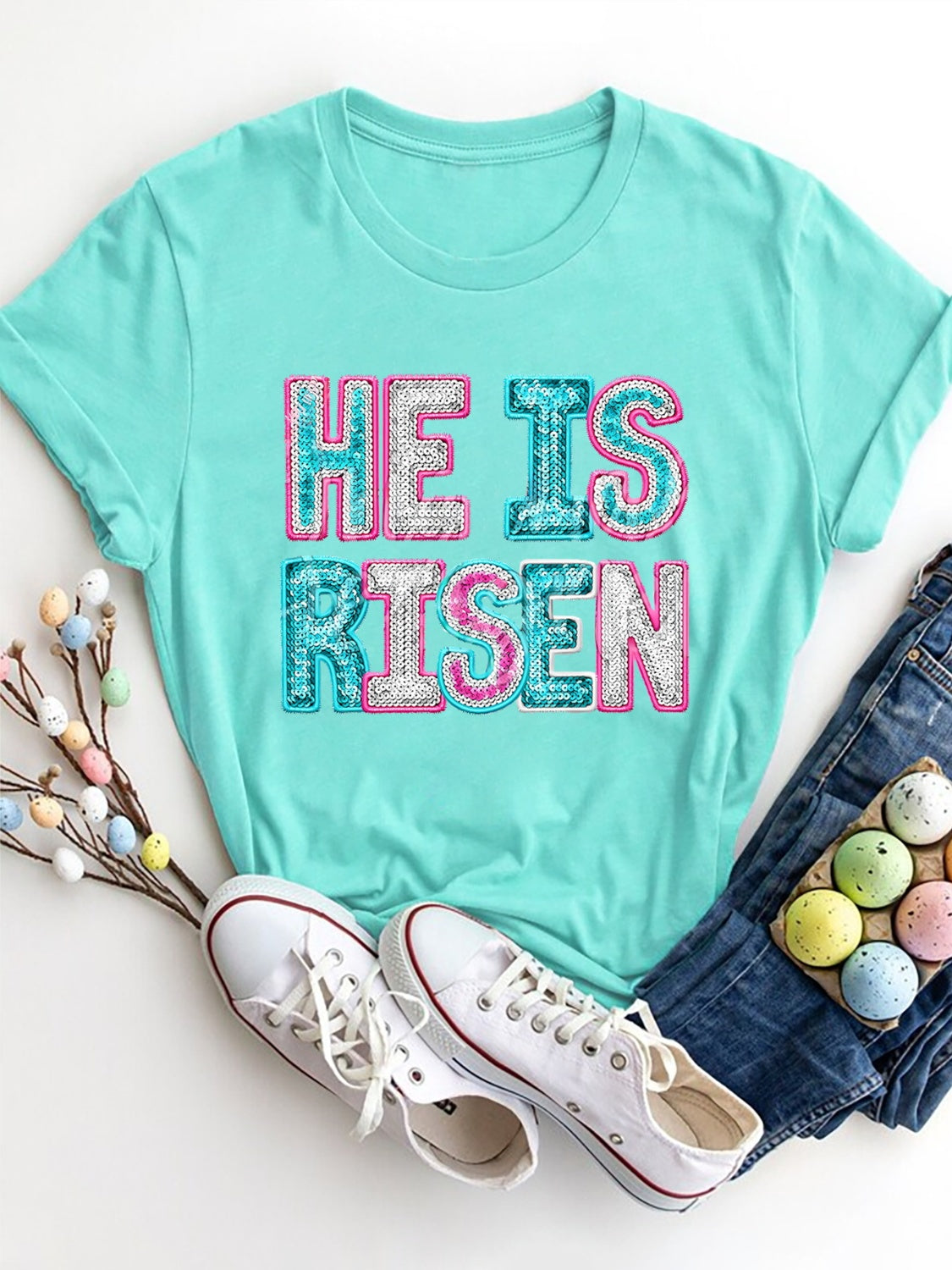 HE IS RISEN Sequin Round Neck T-Shirt