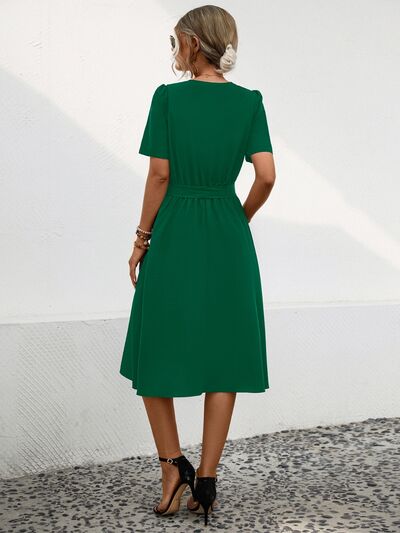 Tied Notched Short Sleeve Dress