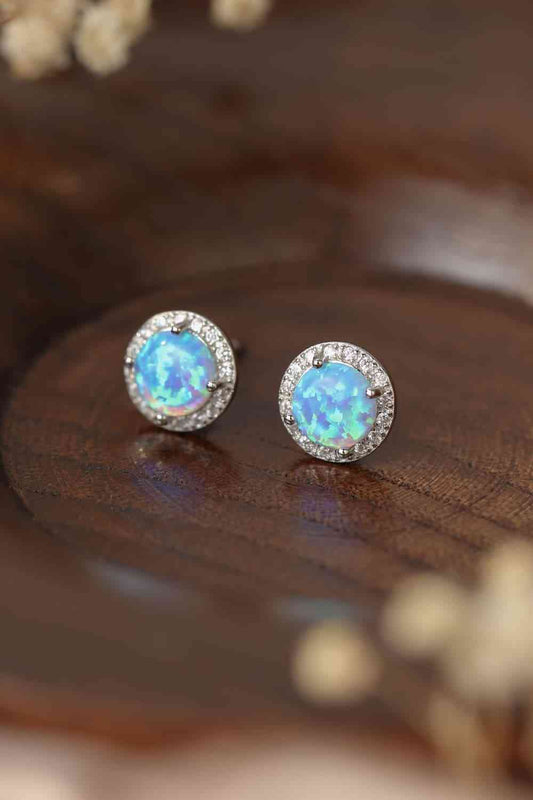 925 Sterling Silver Platinum-Plated Opal Round Stud Earrings