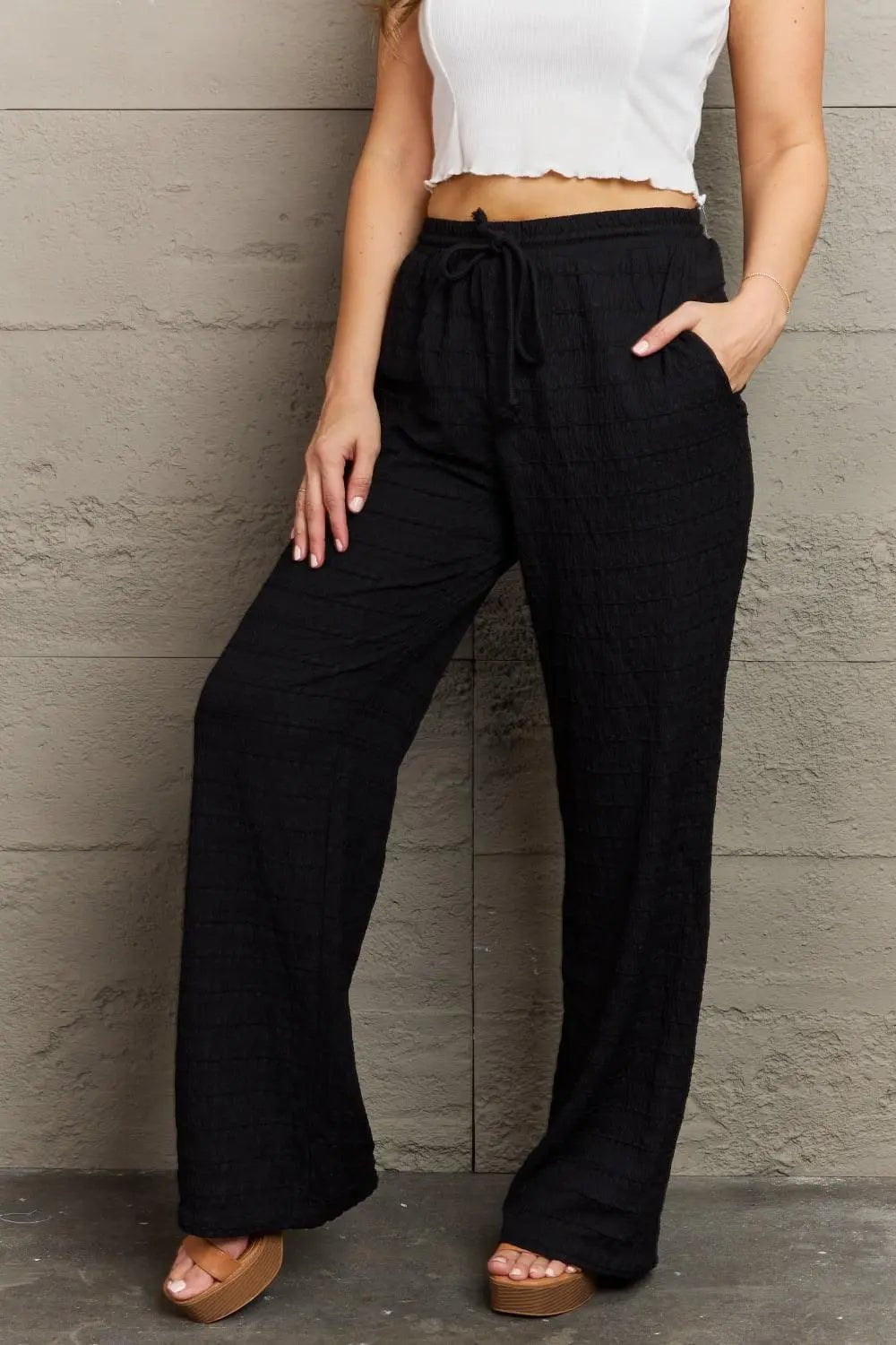 GeeGee Dainty Delights Textured High Waisted Pant in Black - Sweet Wildflower Boutique