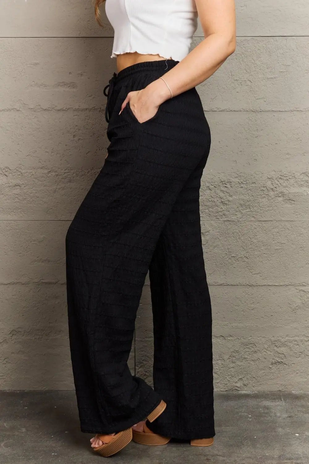 GeeGee Dainty Delights Textured High Waisted Pant in Black - Sweet Wildflower Boutique