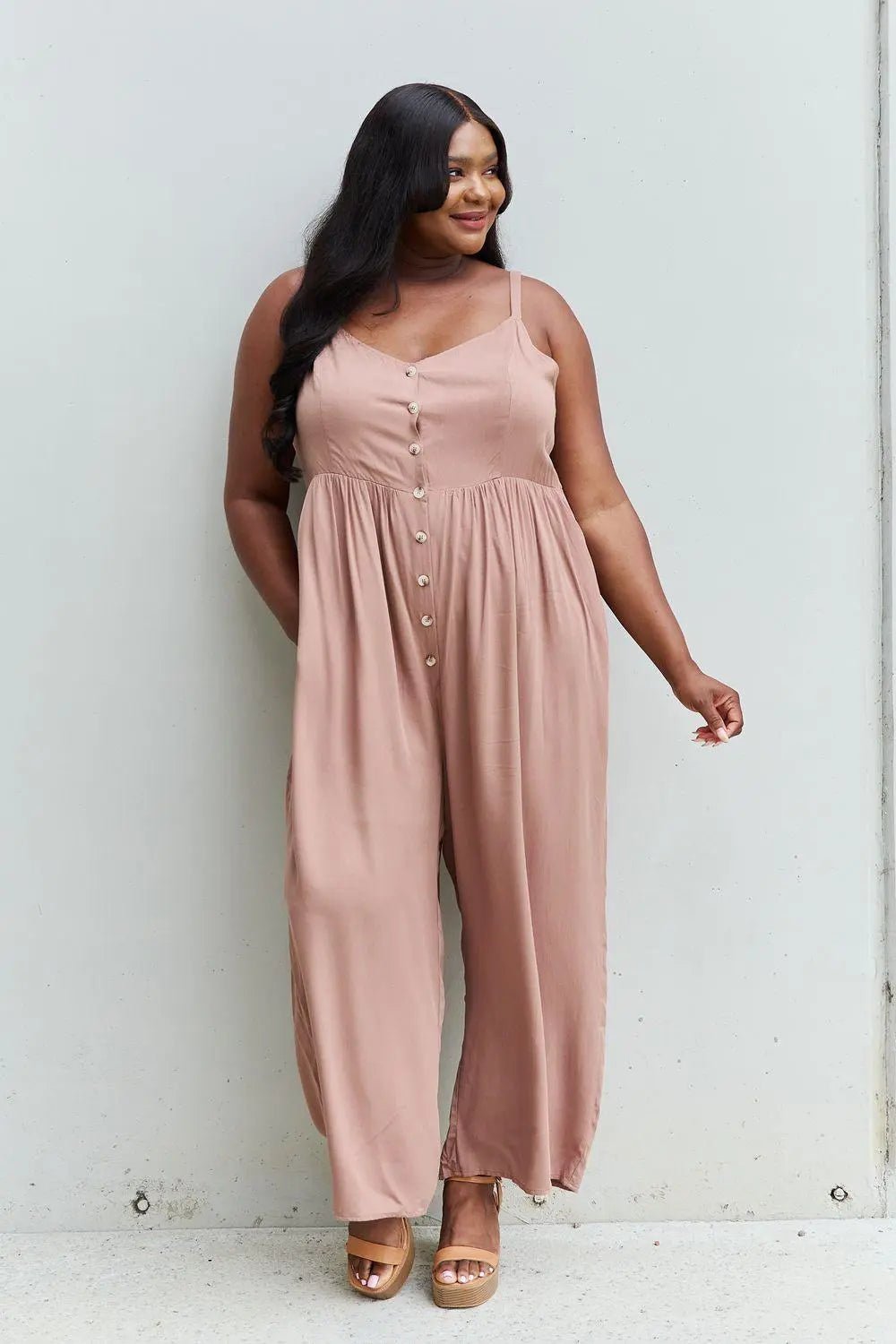 HEYSON All Day Full Size Wide Leg Button Down Jumpsuit in Mocha - Sweet Wildflower Boutique