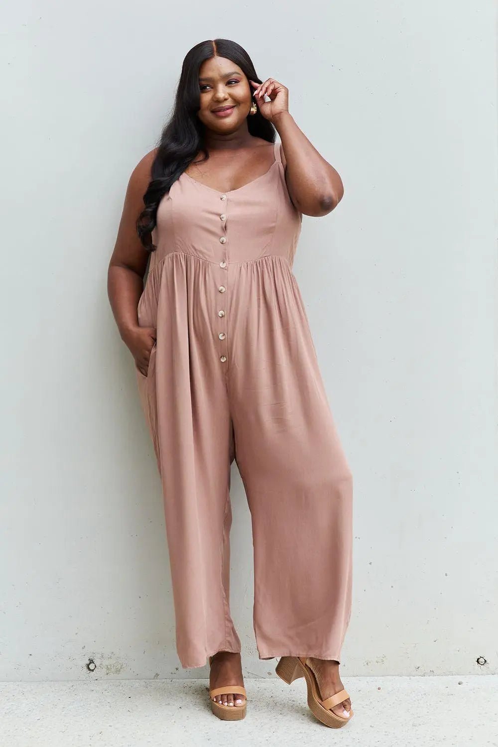 HEYSON All Day Full Size Wide Leg Button Down Jumpsuit in Mocha - Sweet Wildflower Boutique