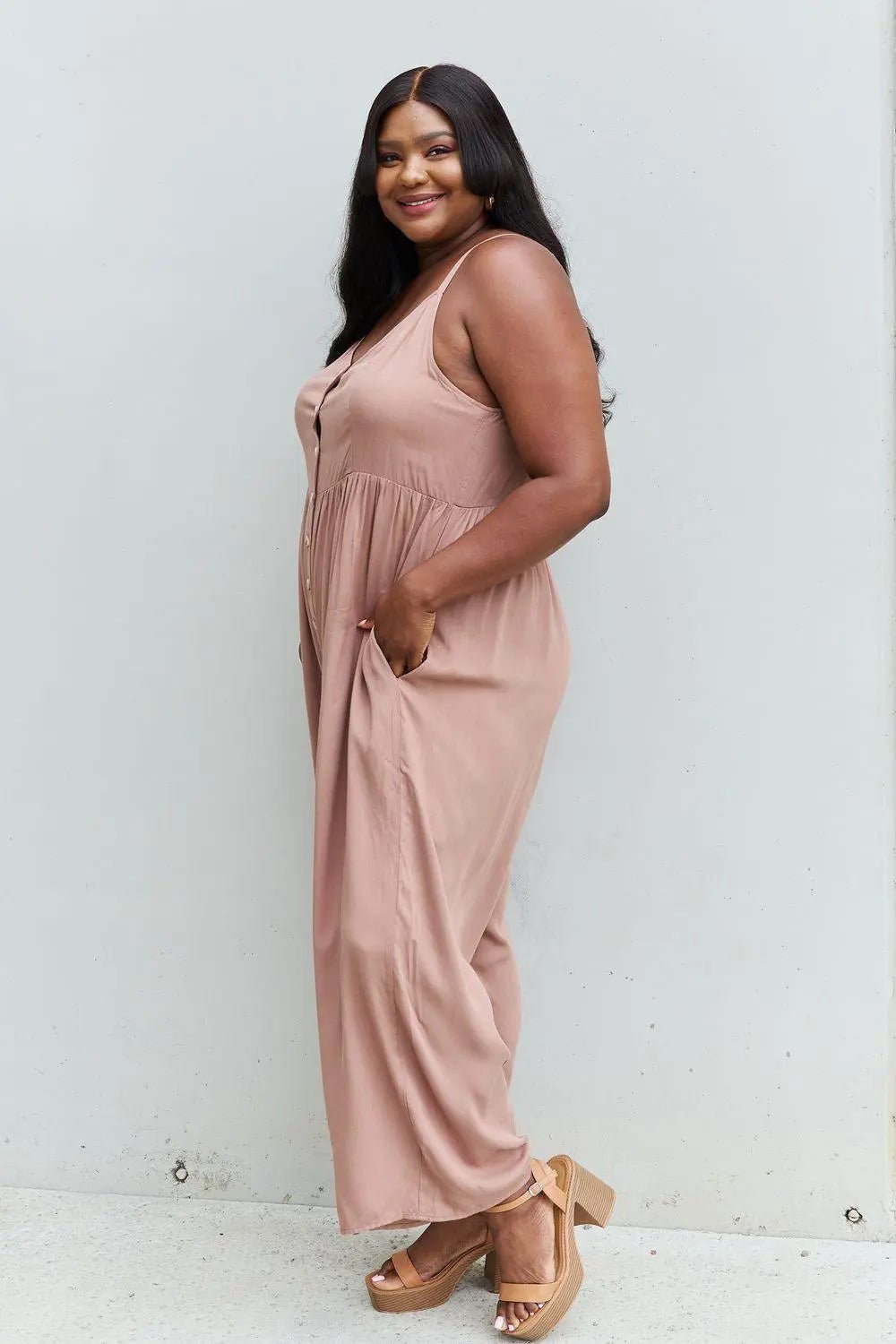 HEYSON All Day Full Size Wide Leg Button Down Jumpsuit in Mocha - Sweet Wildflower Boutique