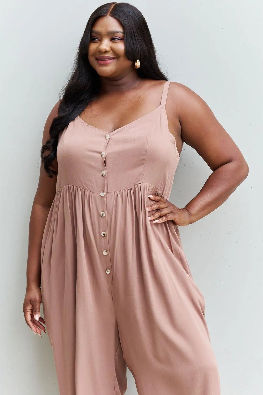 HEYSON All Day Full Size Wide Leg Button Down Jumpsuit in Mocha - Sweet Wildflower Boutique