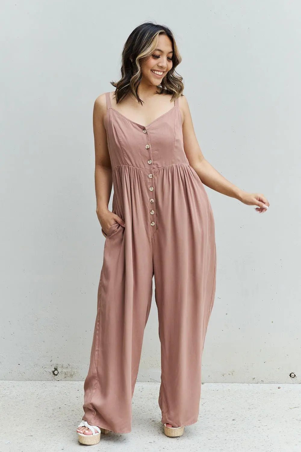 HEYSON All Day Full Size Wide Leg Button Down Jumpsuit in Mocha - Sweet Wildflower Boutique