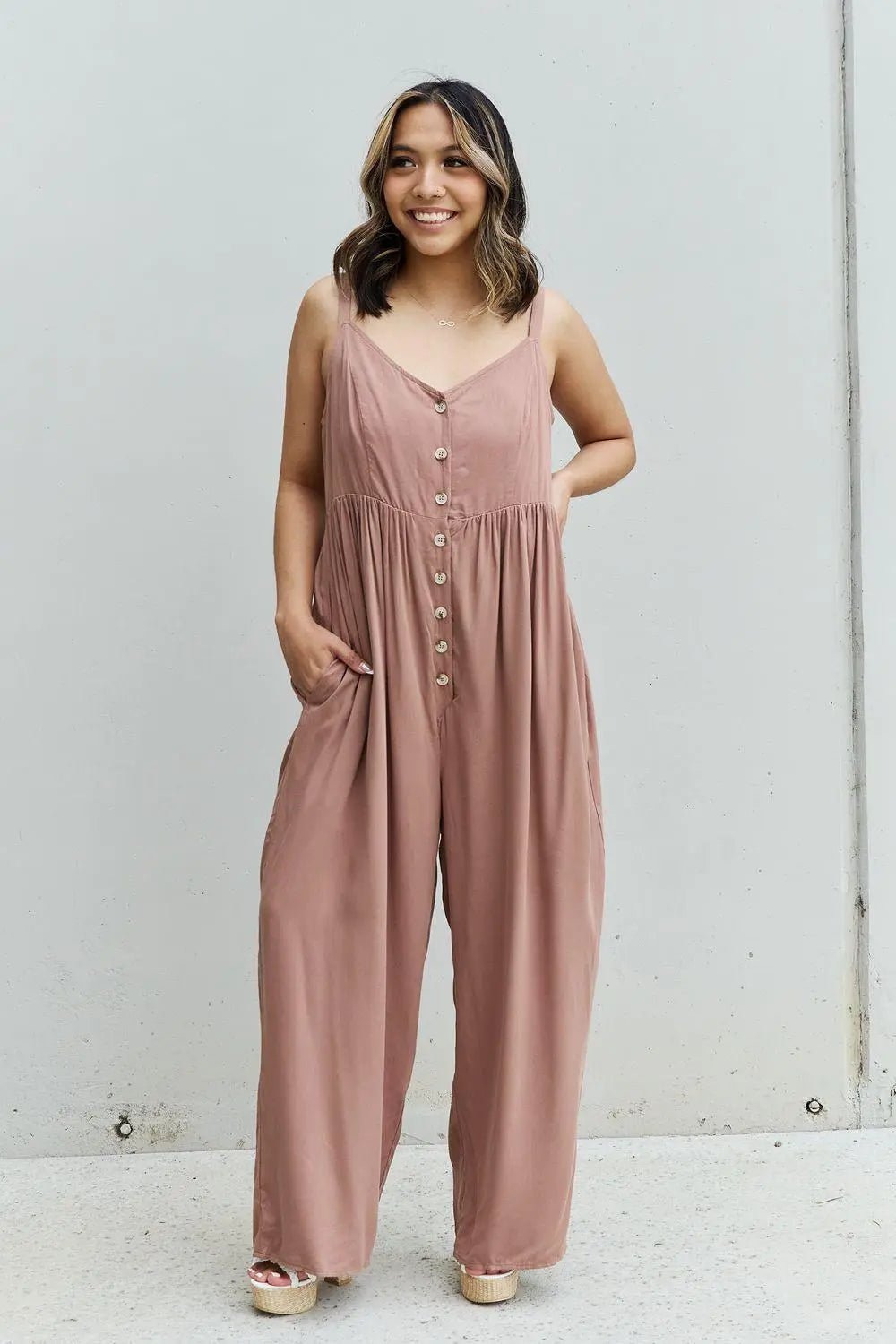 HEYSON All Day Full Size Wide Leg Button Down Jumpsuit in Mocha - Sweet Wildflower Boutique