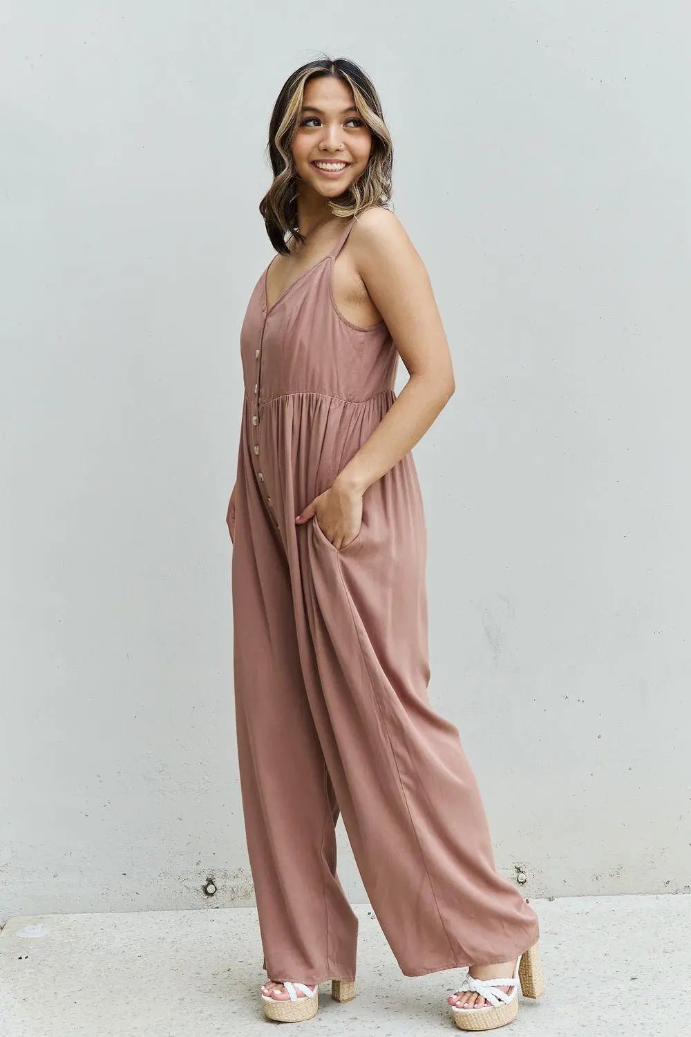 HEYSON All Day Full Size Wide Leg Button Down Jumpsuit in Mocha - Sweet Wildflower Boutique