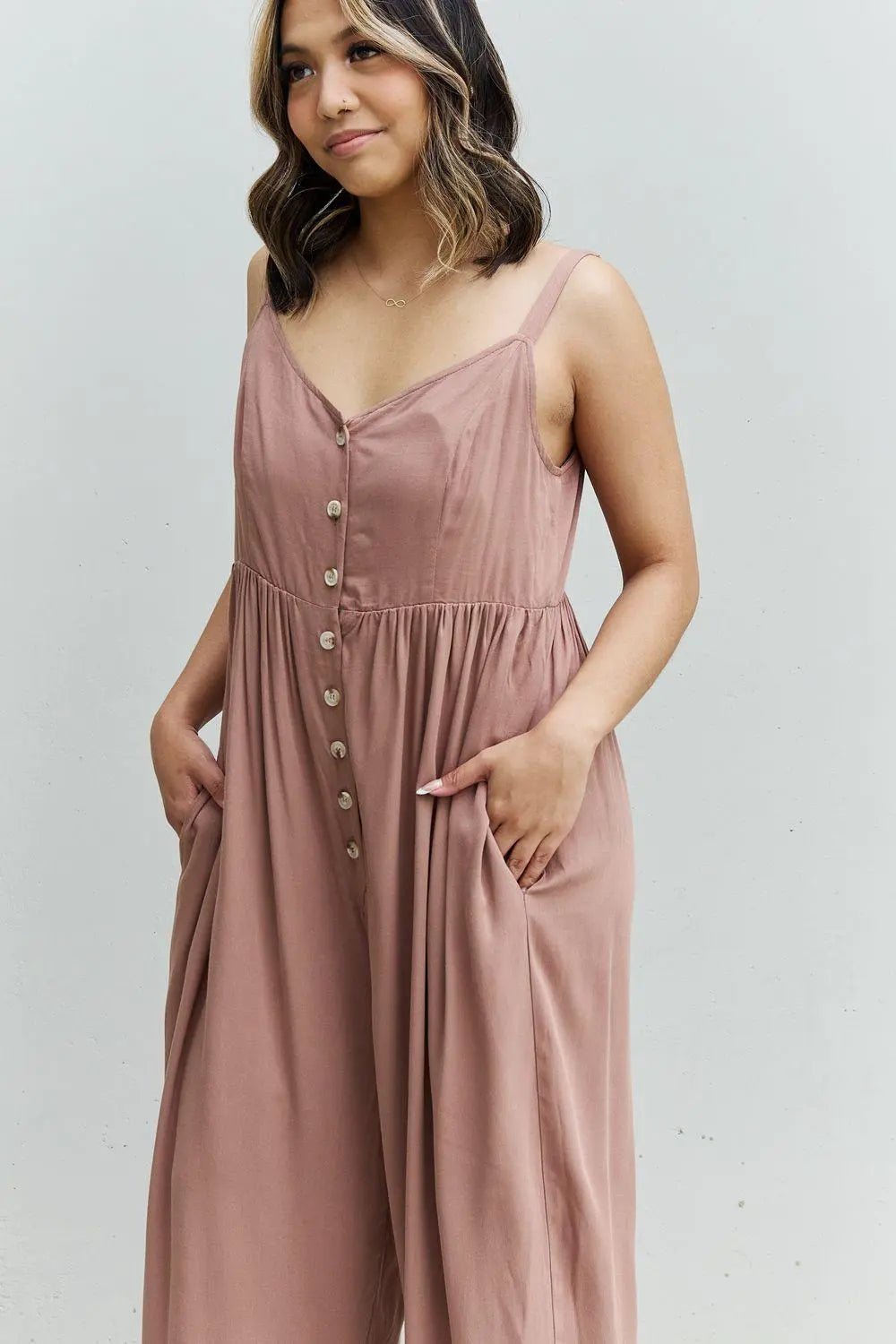 HEYSON All Day Full Size Wide Leg Button Down Jumpsuit in Mocha - Sweet Wildflower Boutique