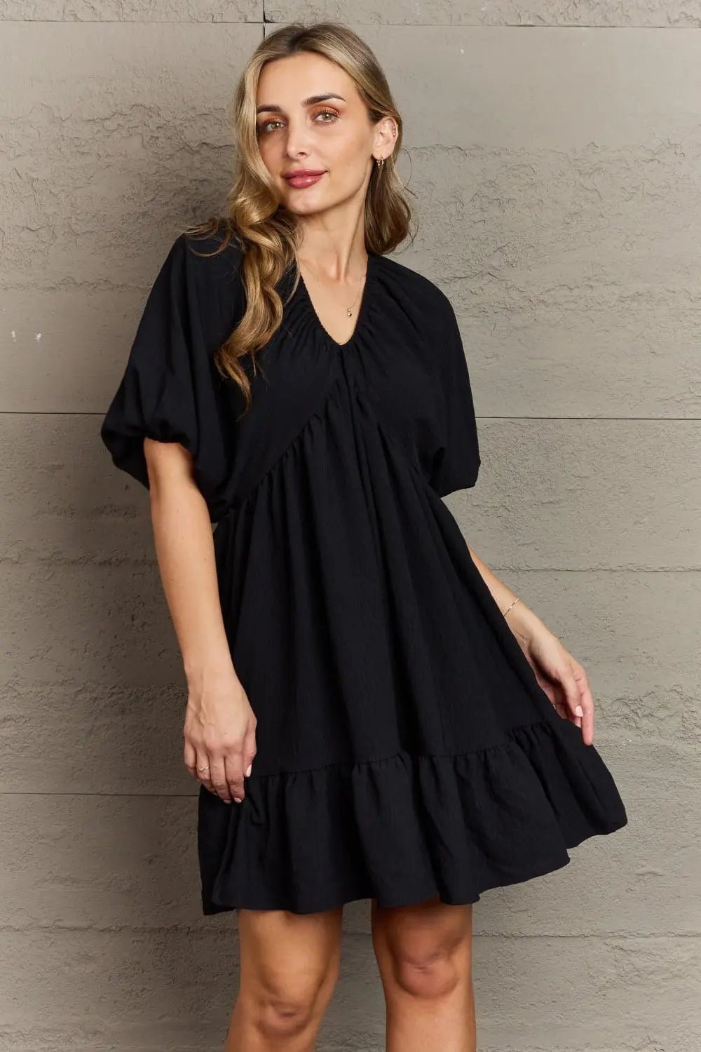 Hailey & Co Comfort Cutie Double V-Neck Puff Sleeve Mini Dress - Sweet Wildflower Boutique