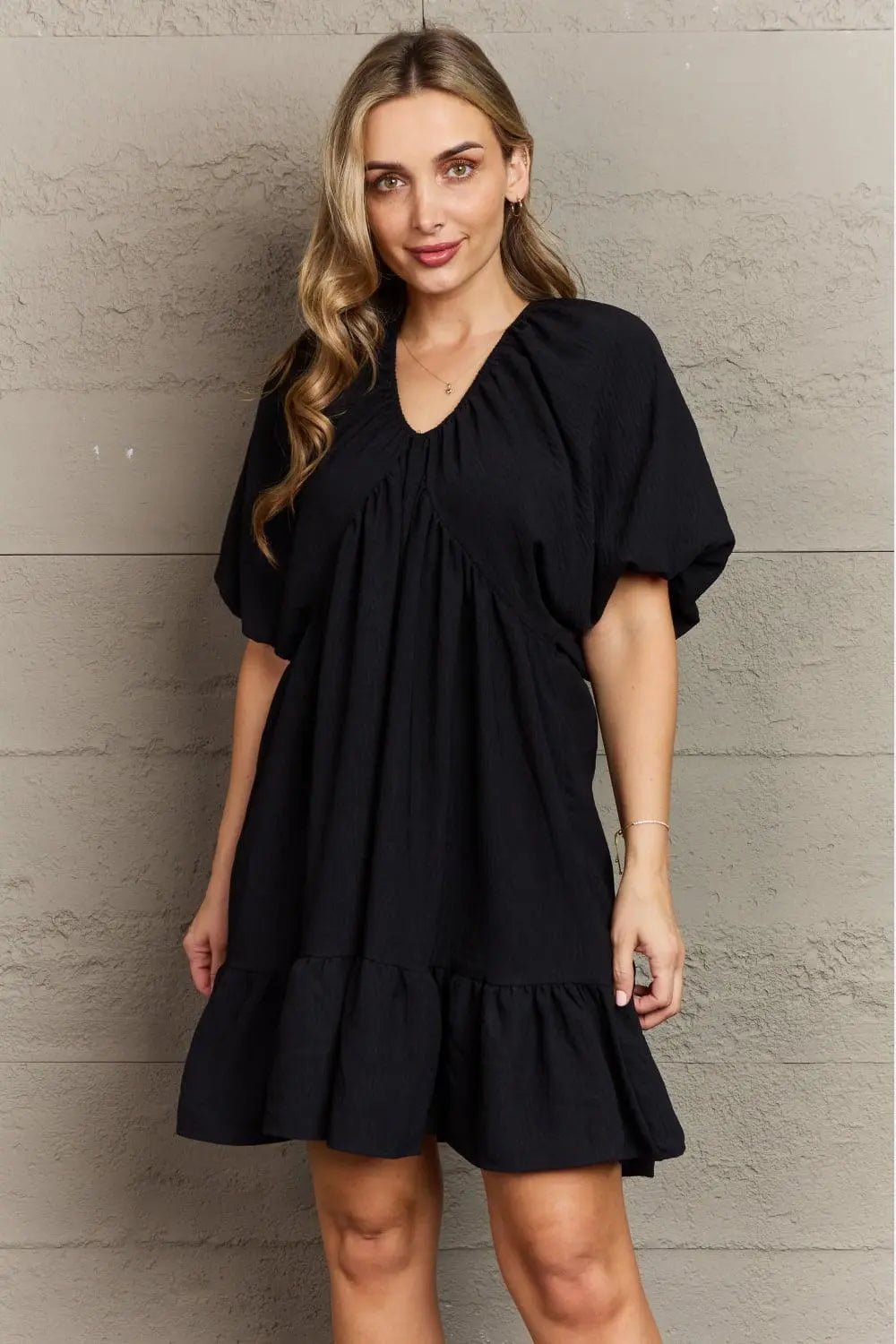 Hailey & Co Comfort Cutie Double V-Neck Puff Sleeve Mini Dress - Sweet Wildflower Boutique