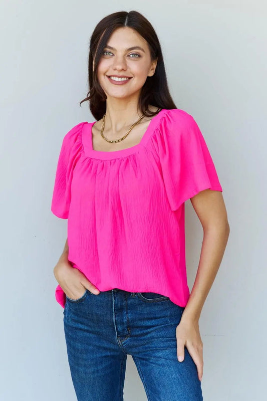 Ninexis Keep Me Close Square Neck Short Sleeve Blouse in Fuchsia - Sweet Wildflower Boutique