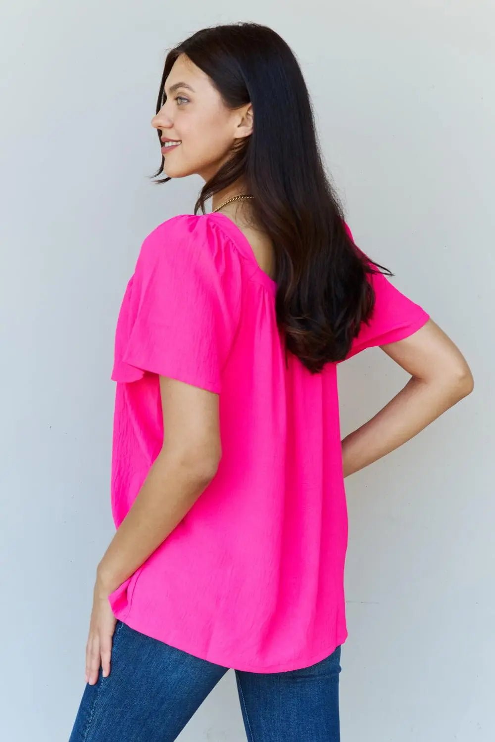 Ninexis Keep Me Close Square Neck Short Sleeve Blouse in Fuchsia - Sweet Wildflower Boutique