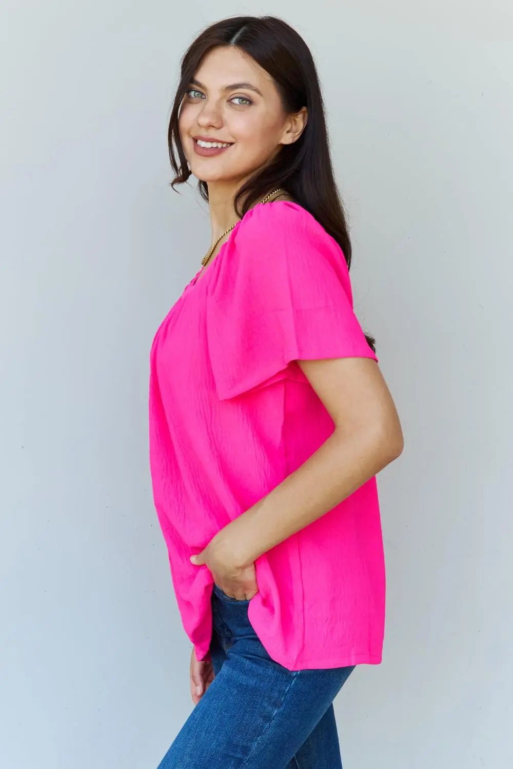 Ninexis Keep Me Close Square Neck Short Sleeve Blouse in Fuchsia - Sweet Wildflower Boutique