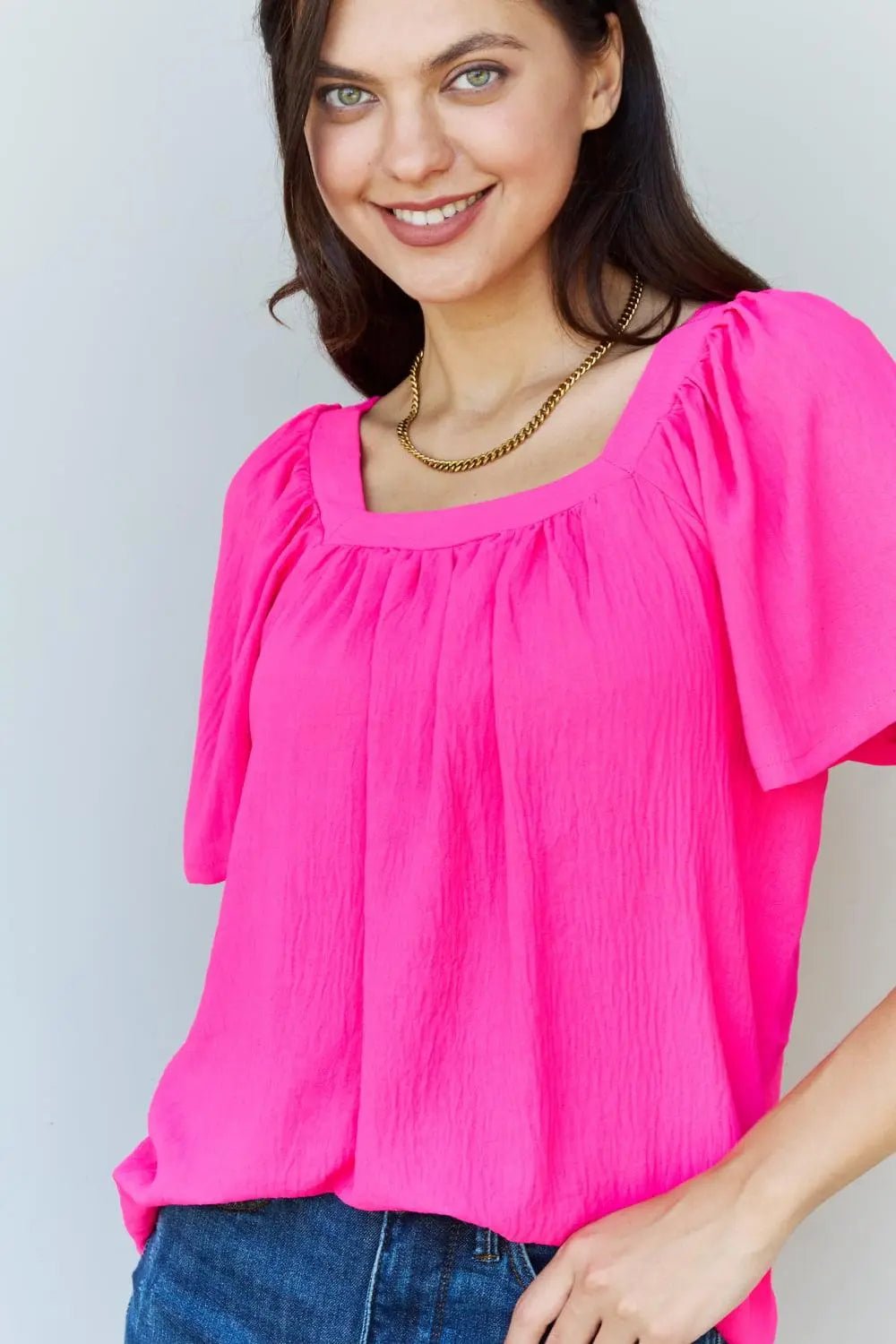 Ninexis Keep Me Close Square Neck Short Sleeve Blouse in Fuchsia - Sweet Wildflower Boutique