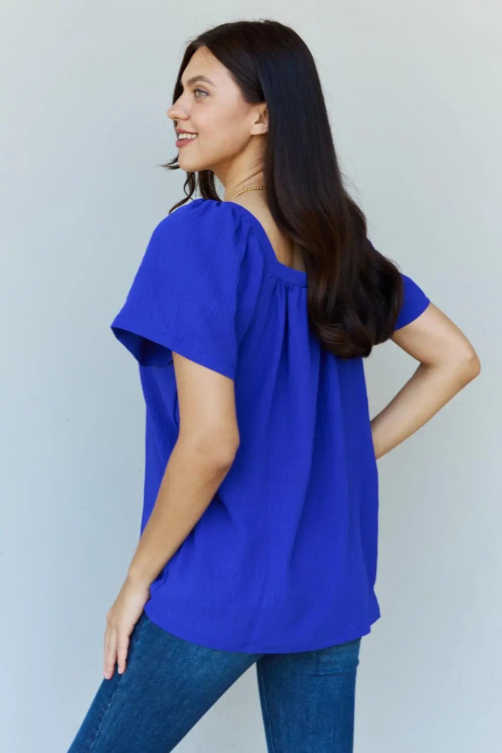 Ninexis Keep Me Close Square Neck Short Sleeve Blouse in Royal - Sweet Wildflower Boutique