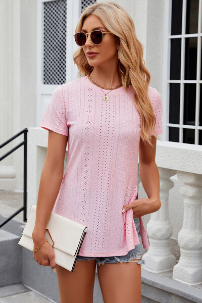 Eyelet Slit Round Neck Short Sleeve T-Shirt