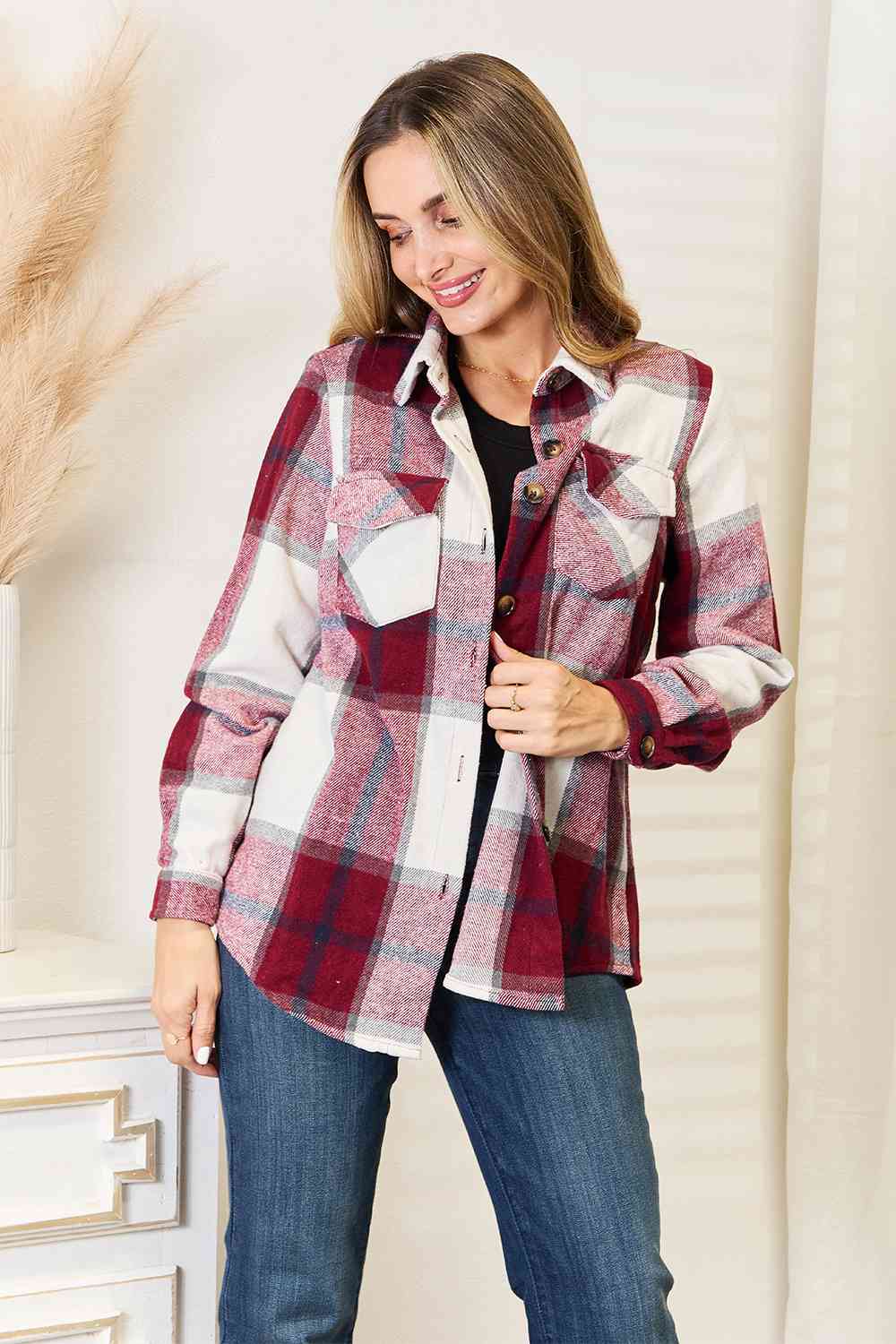 Double Take Plaid Button Up Flannel Shirt Jacket - Sweet Wildflower Boutique