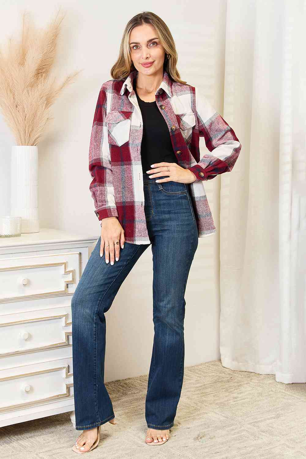 Double Take Plaid Button Up Flannel Shirt Jacket - Sweet Wildflower Boutique